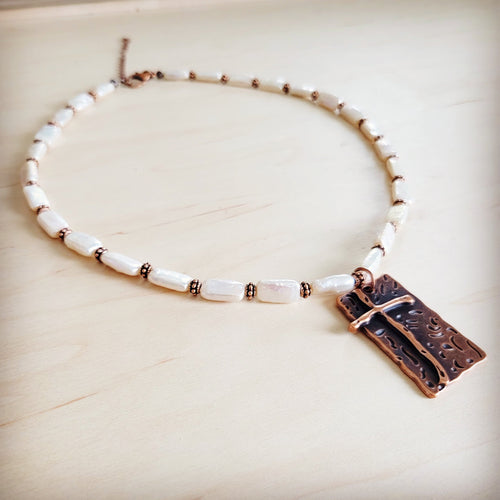 **Rectangle Freshwater Pearl & Copper Necklace w/ Antique Cross Pendant 264a