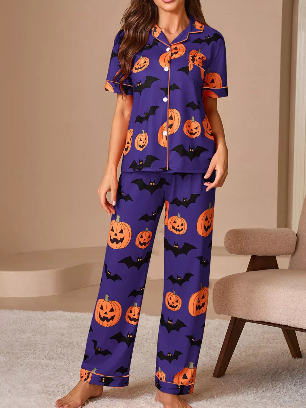 Halloween Pumpkin & Bat Print Top and Pants Lounge Pajama Set | S–XL | Navy, Orange, Black or Purple