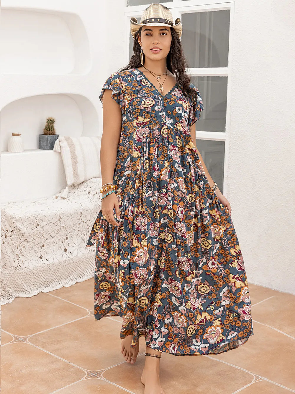 Boho Western Multicolor Floral Print Ruffled Cap-Sleeve Plus Size Dress 0XL-4XL