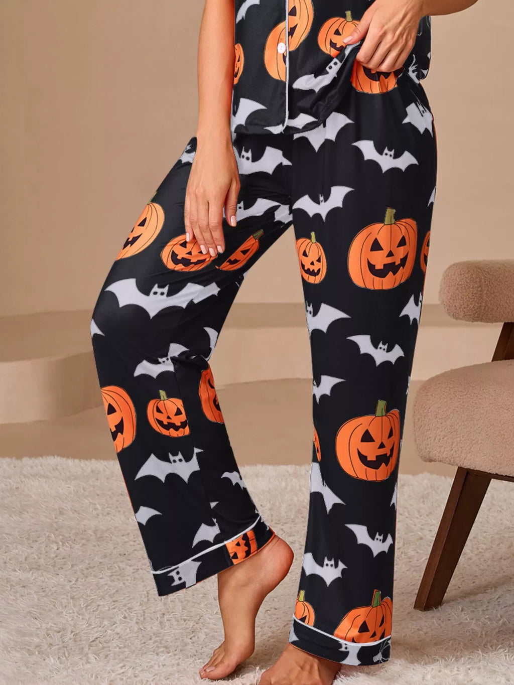 Halloween Pumpkin & Bat Print Top and Pants Lounge Pajama Set | S–XL | Navy, Orange, Black or Purple