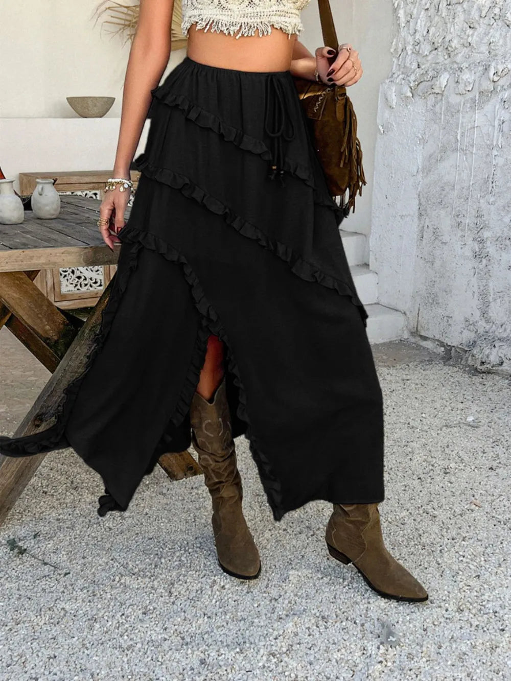 Boho Western Devine Slit Drawstring Ruffled Skirt | S-XL | White, Blue, Red, Black