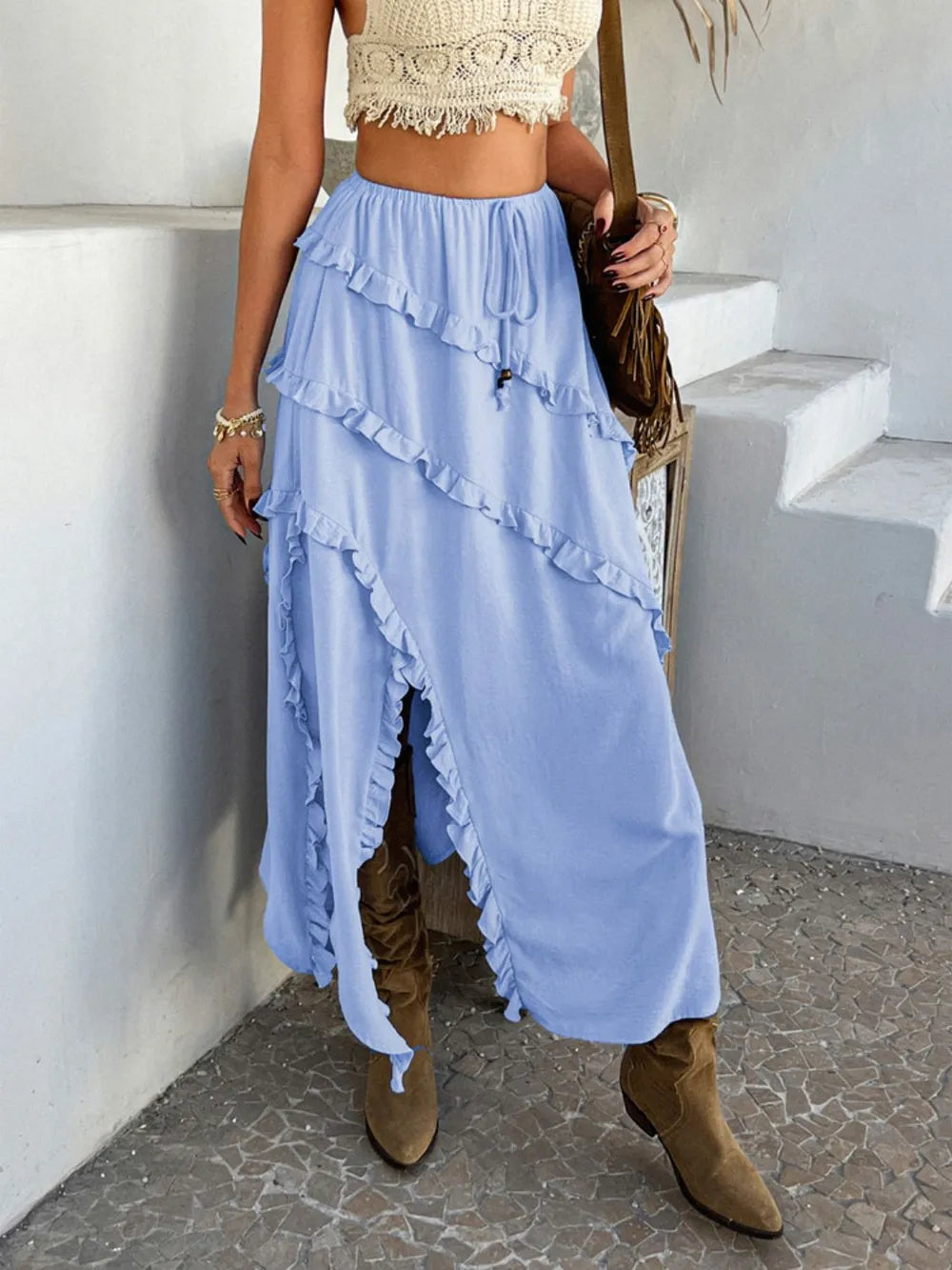 Boho Western Devine Slit Drawstring Ruffled Skirt | S-XL | White, Blue, Red, Black