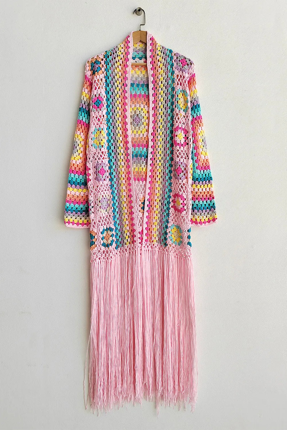 Boho Western Retro Granny Square Fringe Tied Long Sleeve Cardigan | M-3XL Plus Size | 5 Colors