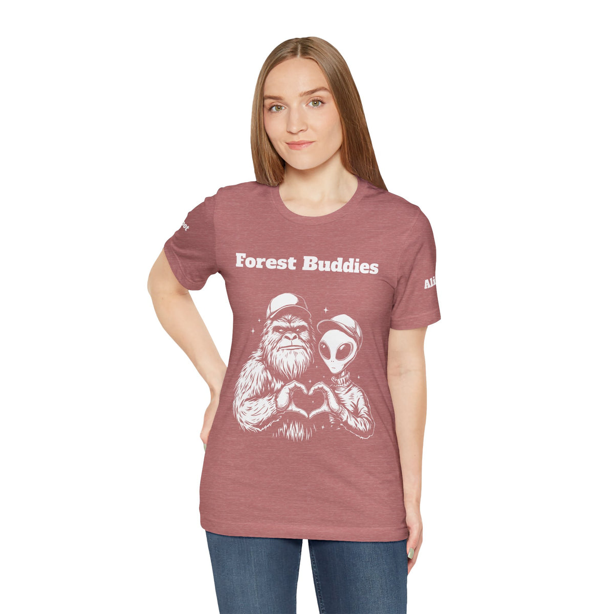 Bigfoot & Alien "Forest Buddies" Jersey Tee T-Shirt Unisex 10 Heather Colors XS-4XL Sasquatch UFO Nature Lover Outdoors