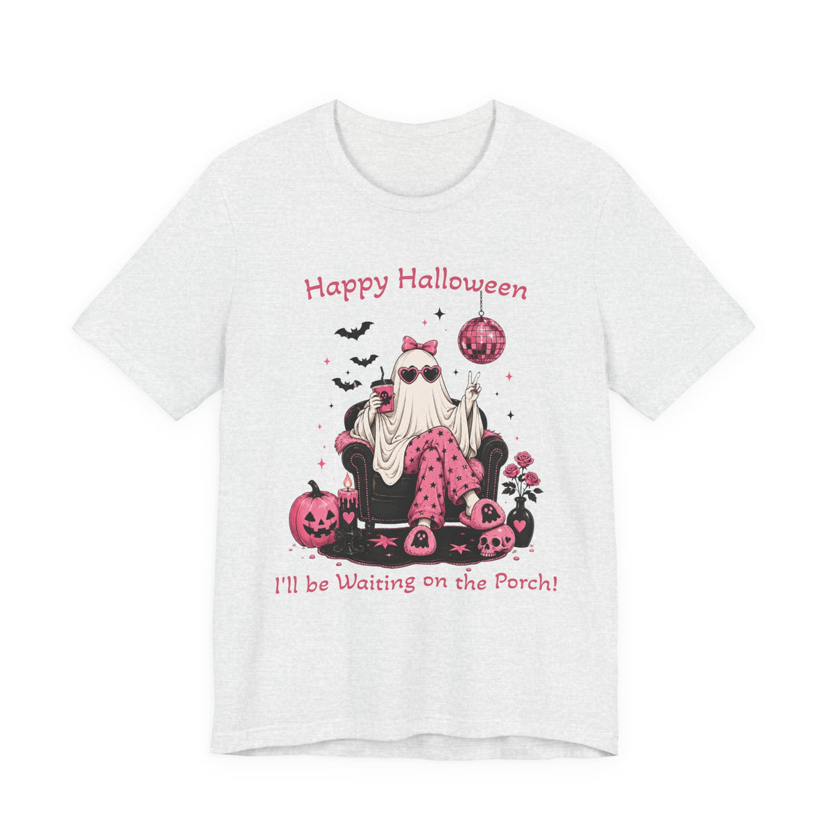 FUNNY Happy Halloween Ghost Tee “I’ll Be Waiting on the Porch” Pink Pumpkin Shirt S-3XL