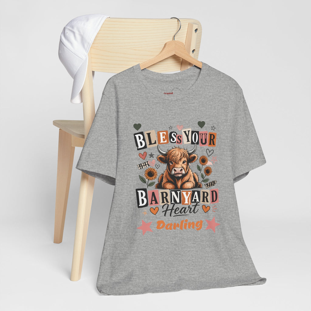 "BLESS Your Barnyard Heart DARLING" Highland Cow with Sunflowers Heather Tee T-Shirt S-3XL