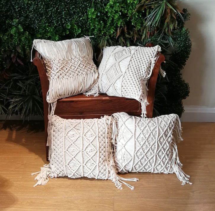 17" Bohemian Hand-Woven Macrame Cotton Square Cushion Cover | 4Styles
