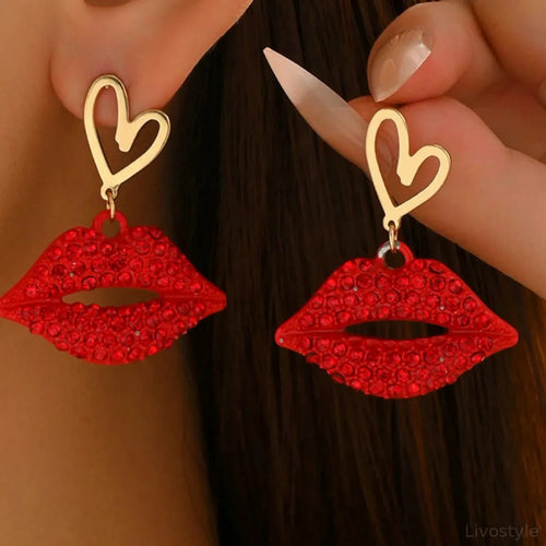 18K Gold-Plated Rhinestone Lips Heart Dangle Earrings
