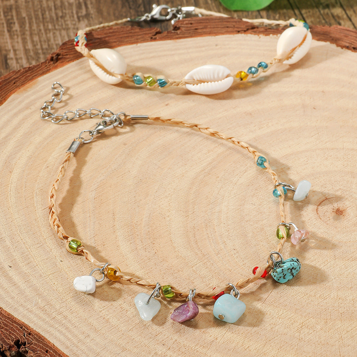 Boho Style Pebble Double Strand Anklet Set in 5 Colors