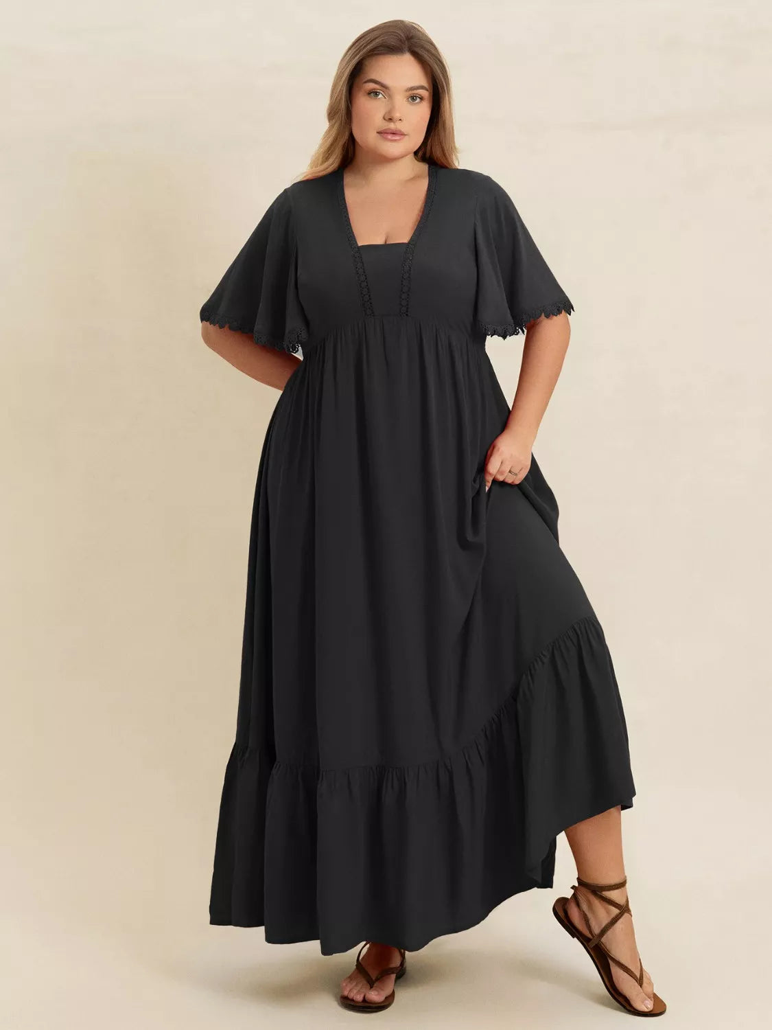 Boho Western Black Ruffled Maxi Dress with Flutter Sleeves | 0XL–4XL