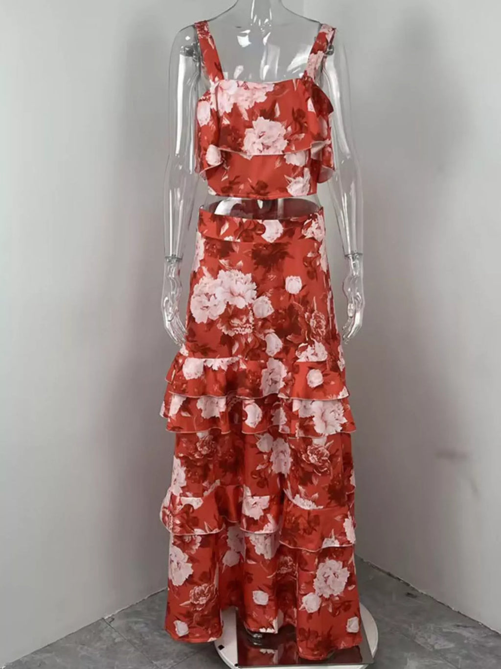 Boho Western Floral Print Ruffle Cami and Skirt Two-Piece Set S-2XL Plus | 4 Colors