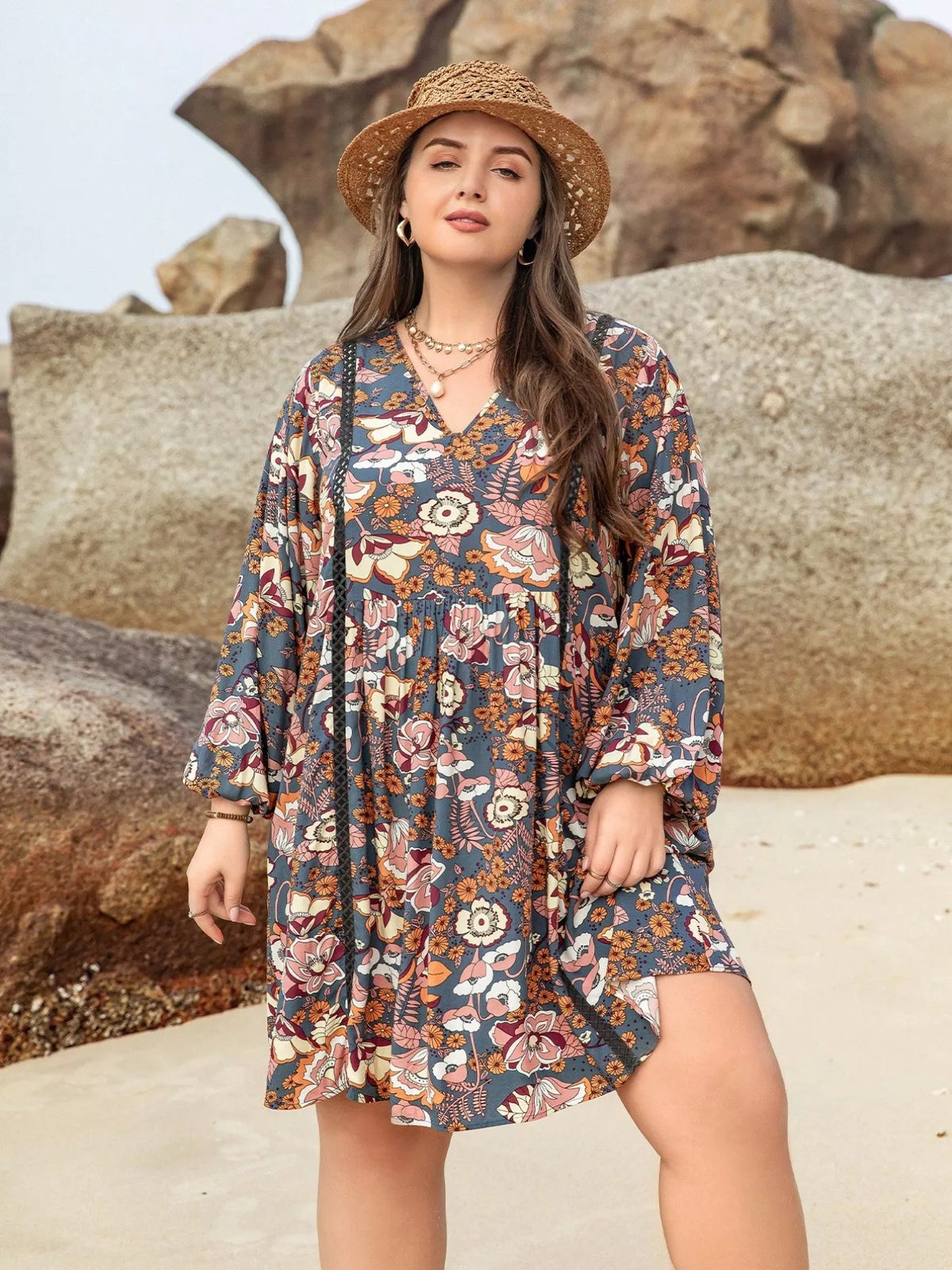 Boho Western Multicolor Floral Print Plus Size Mini Dress 0XL-3XL