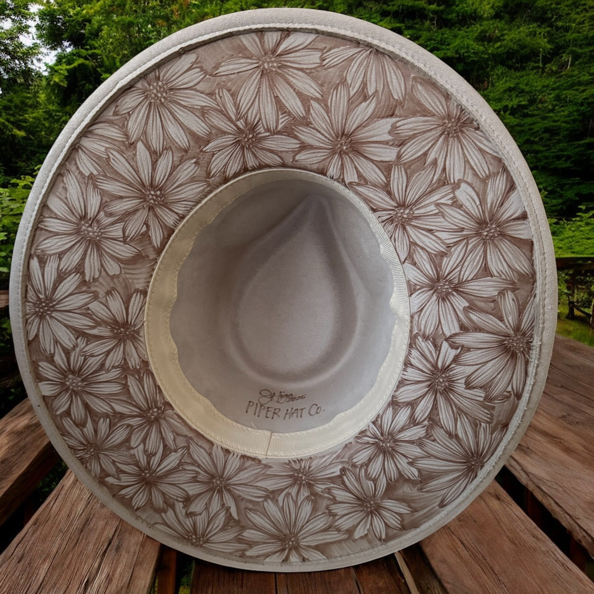 Boho Western Ivory Playful Daisies Brown Burned Wide Brim Fedora with Travel Bag & Hat Clip