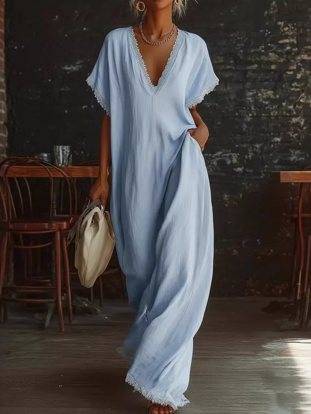 Boho Casual Lace Trim V-Neck Maxi Dress in 5 Colors | S-3XL Plus