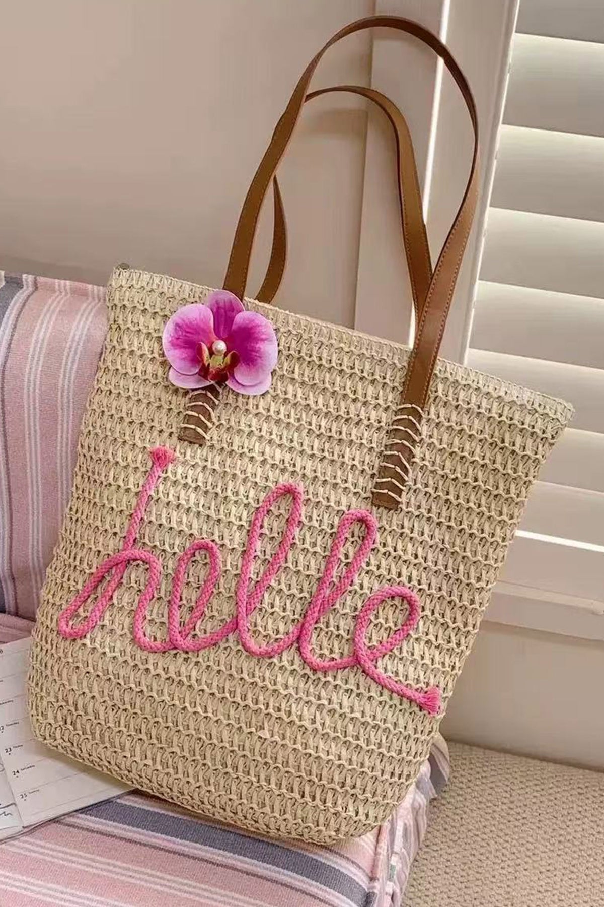 Khaki & Pink "Hello" Boho Handwoven Crochet Floral Accent Travel Tote Bag 14"x15"x5"