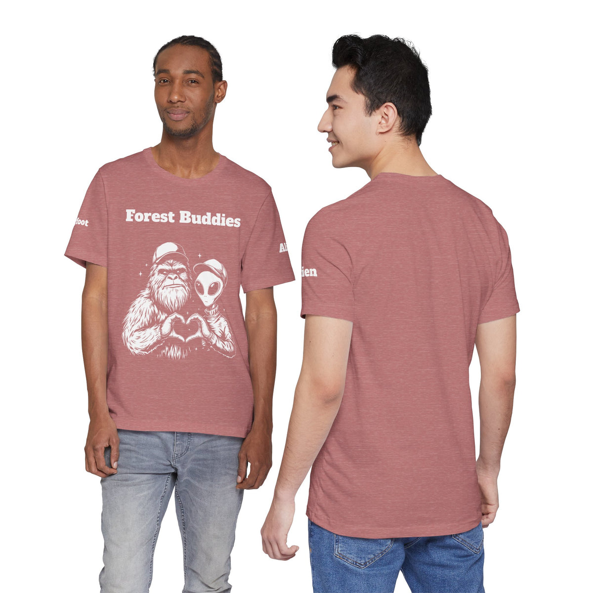 Bigfoot & Alien "Forest Buddies" Jersey Tee T-Shirt Unisex 10 Heather Colors XS-4XL Sasquatch UFO Nature Lover Outdoors