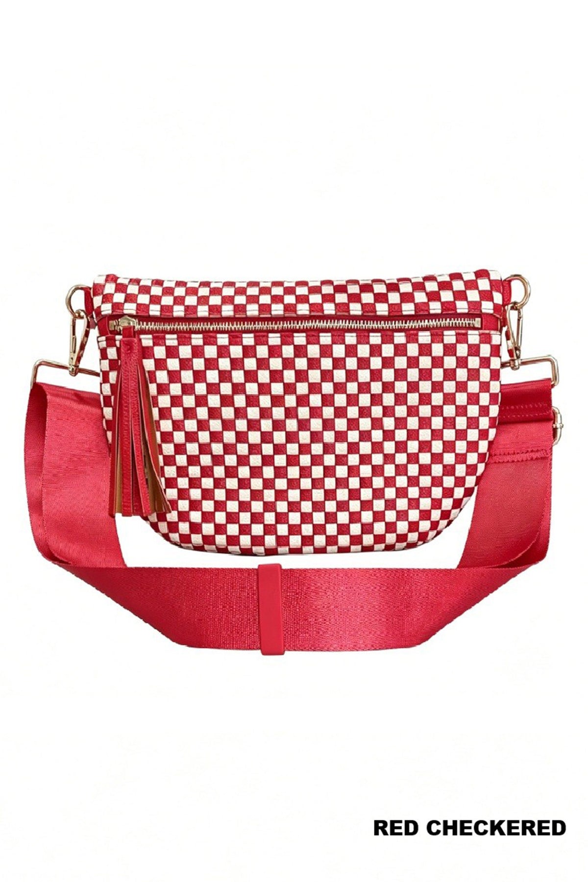 Fiery Red Checkered Woven PU Leather Crossbody Bag Adjustable Strap Large Size