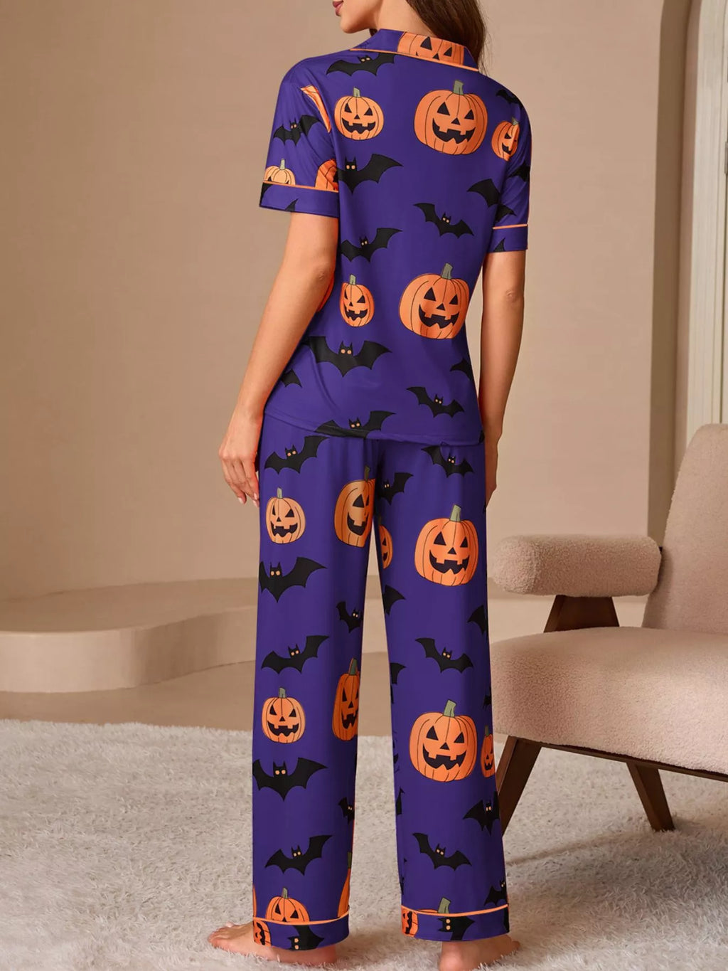 Halloween Pumpkin & Bat Print Top and Pants Lounge Pajama Set | S–XL | Navy, Orange, Black or Purple