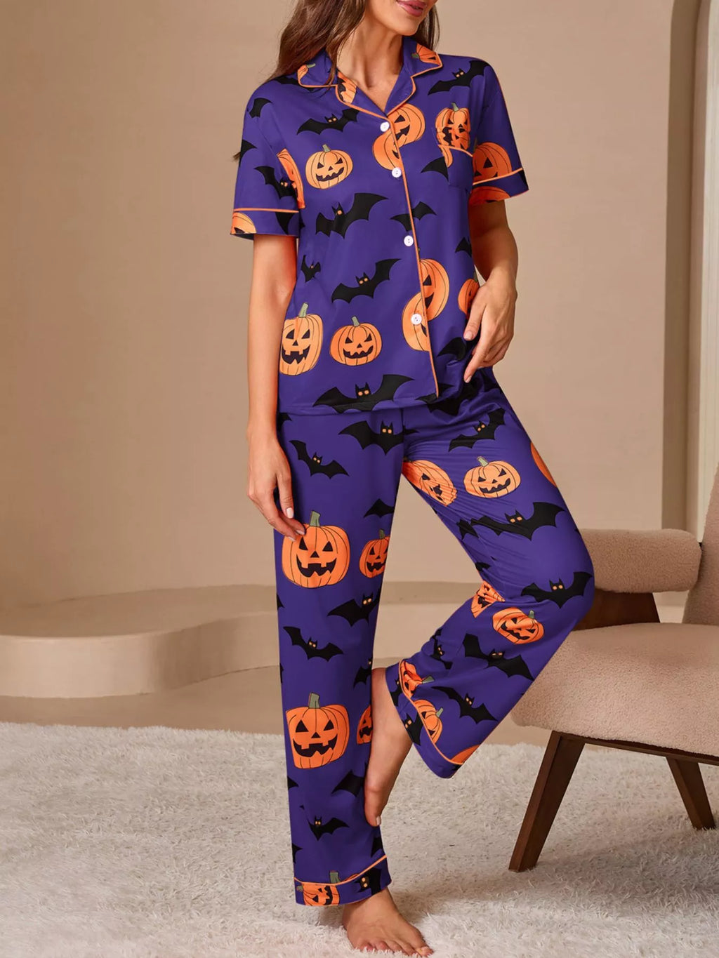 Halloween Pumpkin & Bat Print Top and Pants Lounge Pajama Set | S–XL | Navy, Orange, Black or Purple