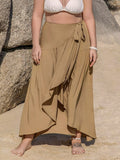 Boho Western Camel Khaki Tie-Detail High-Low Plus Size Skirt 0XL-3XL