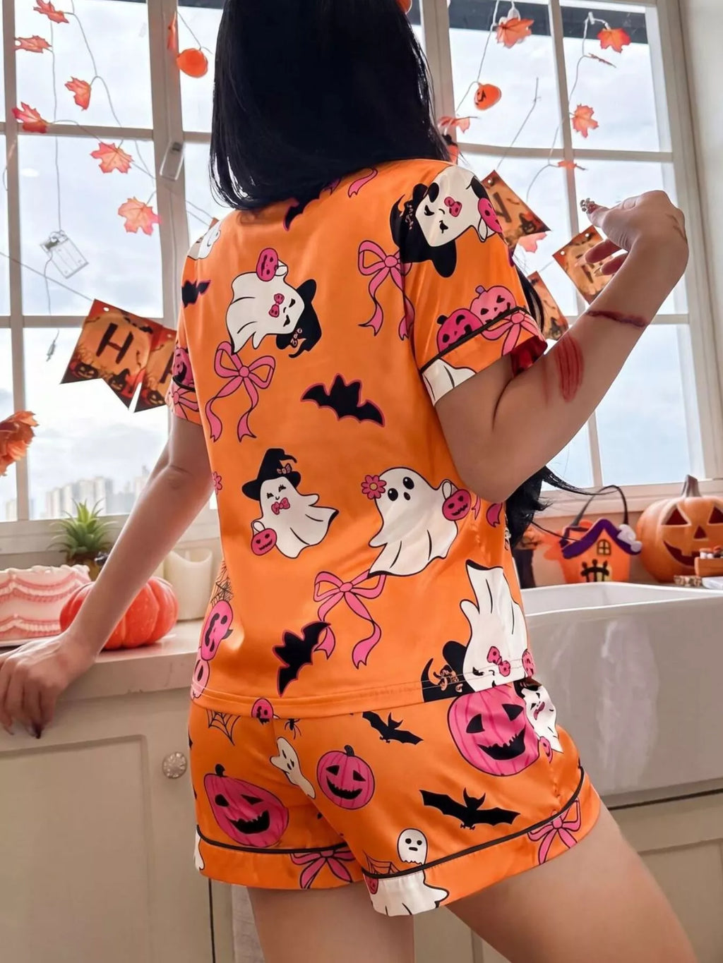 Halloween Ghost Print Button-Down Top and Shorts Lounge Pajama Set | S-XL | 3 Colors