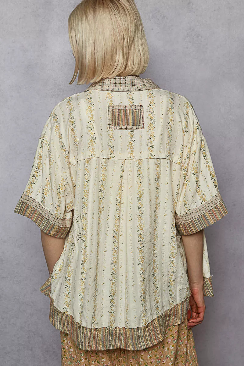 Printed Button Down Patchwork Short Sleeve Shirt
