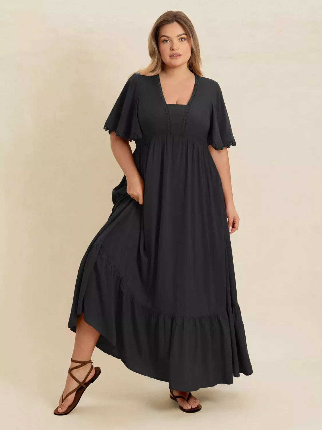 Boho Western Black Ruffled Maxi Dress with Flutter Sleeves | 0XL–4XL