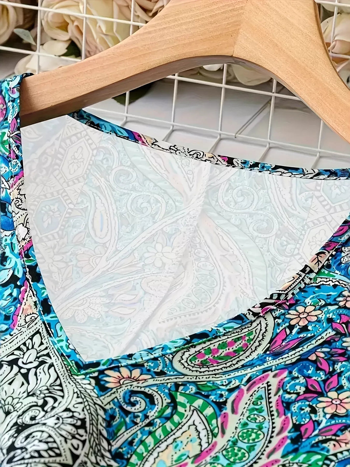 Boho Western Peacock Blue Paisley Print V-Neck Short Sleeve Plus Size Dress 1XL-5XL