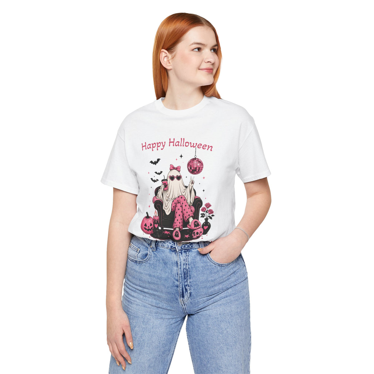 FUNNY Happy Halloween Ghost Tee “I’ll Be Waiting on the Porch” Pink Pumpkin Shirt S-3XL