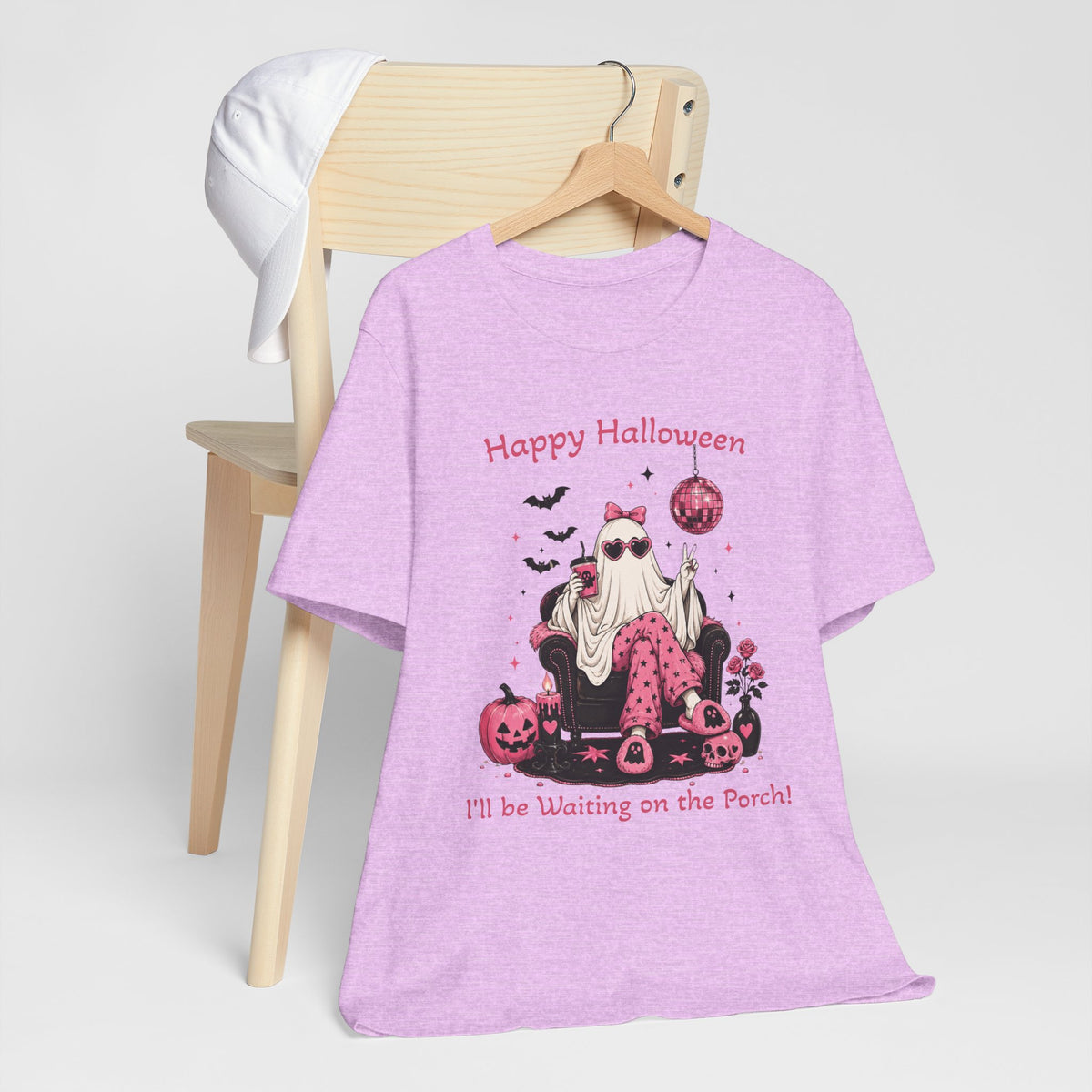 FUNNY Happy Halloween Ghost Tee “I’ll Be Waiting on the Porch” Pink Pumpkin Shirt S-3XL