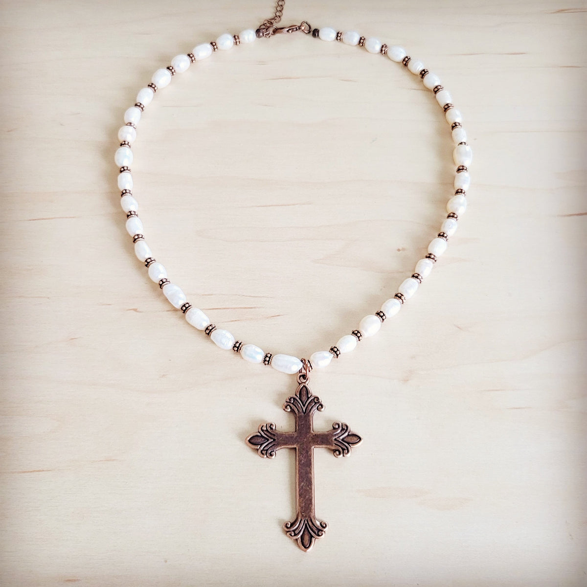 **Genuine Freshwater Pearl Collar Boho Necklace w/ Cross 263s