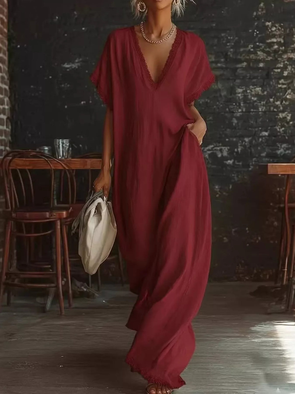 Boho Casual Lace Trim V-Neck Maxi Dress in 5 Colors | S-3XL Plus