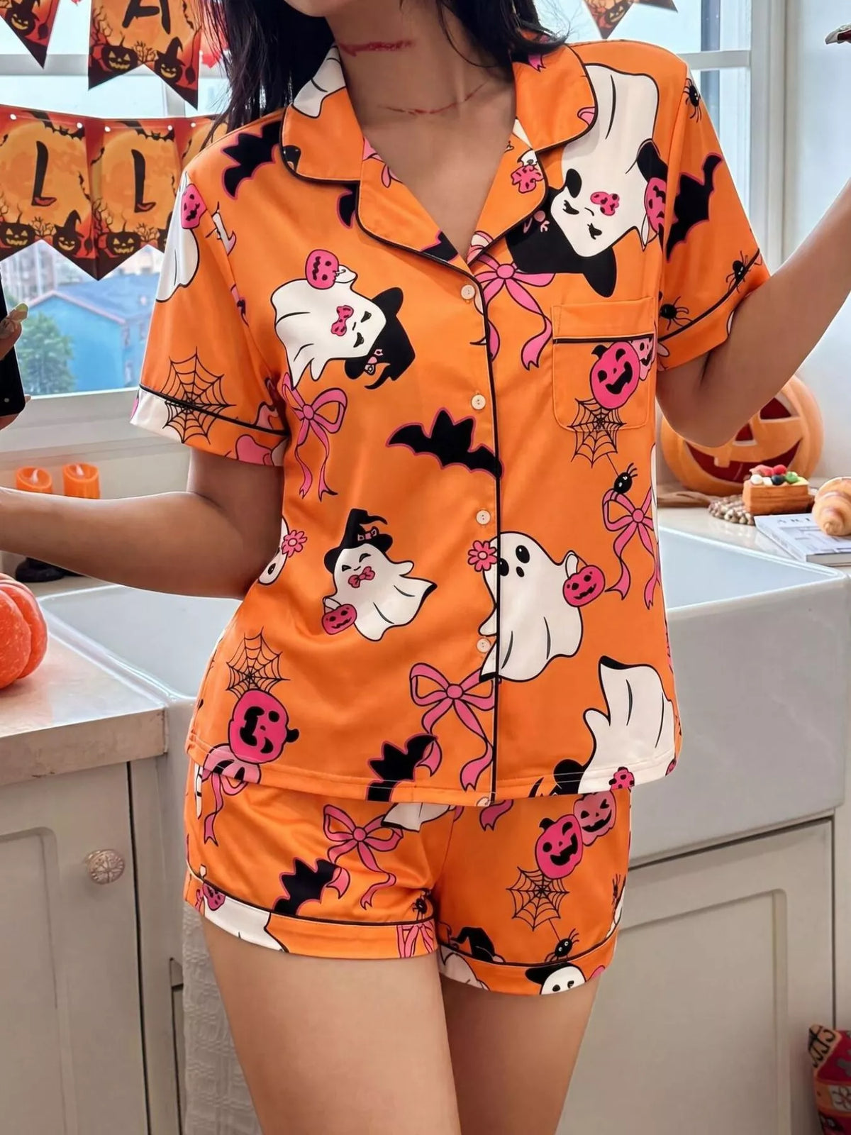 Halloween Ghost Print Button-Down Top and Shorts Lounge Pajama Set | S-XL | 3 Colors