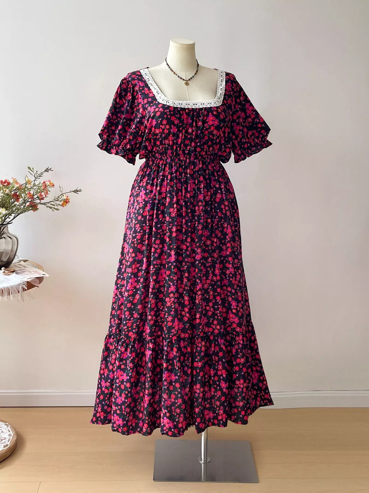 Boho Western Pink Floral Print V-Neck Flutter Sleeve Tie Waist Plus Size Maxi Dress 0XL-3XL