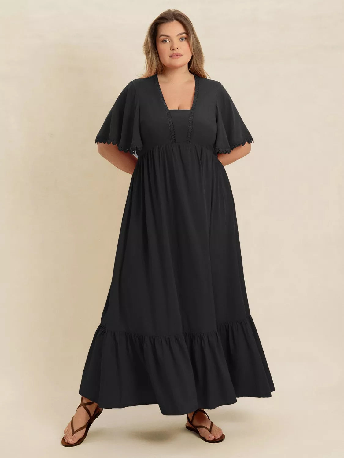 Boho Western Black Ruffled Maxi Dress with Flutter Sleeves | 0XL–4XL
