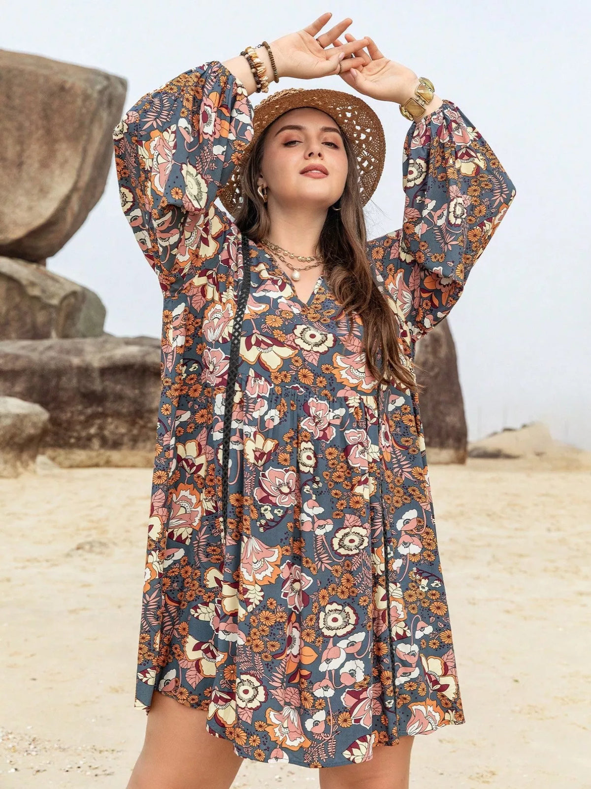 Boho Western Multicolor Floral Print Plus Size Mini Dress 0XL-3XL