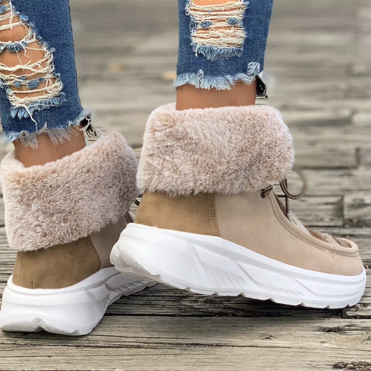 Women's Warm Beige Faux Fur Lined Ankle Boots | Sizes 4-11
