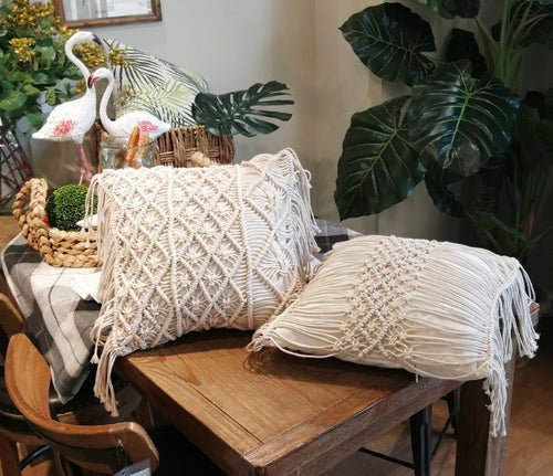 17" Bohemian Hand-Woven Macrame Cotton Square Cushion Cover | 4Styles