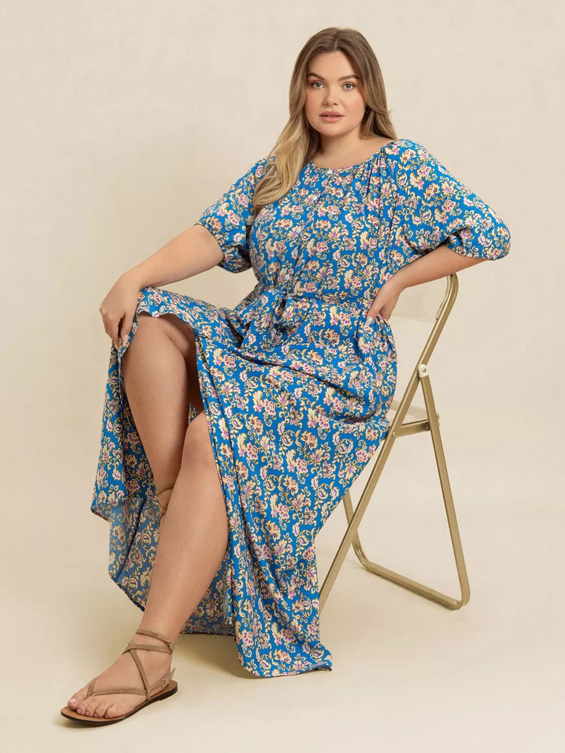 Boho Western Blue Floral Print Tie-Detail Side-Slit Plus Size Maxi Dress 0XL-4XL