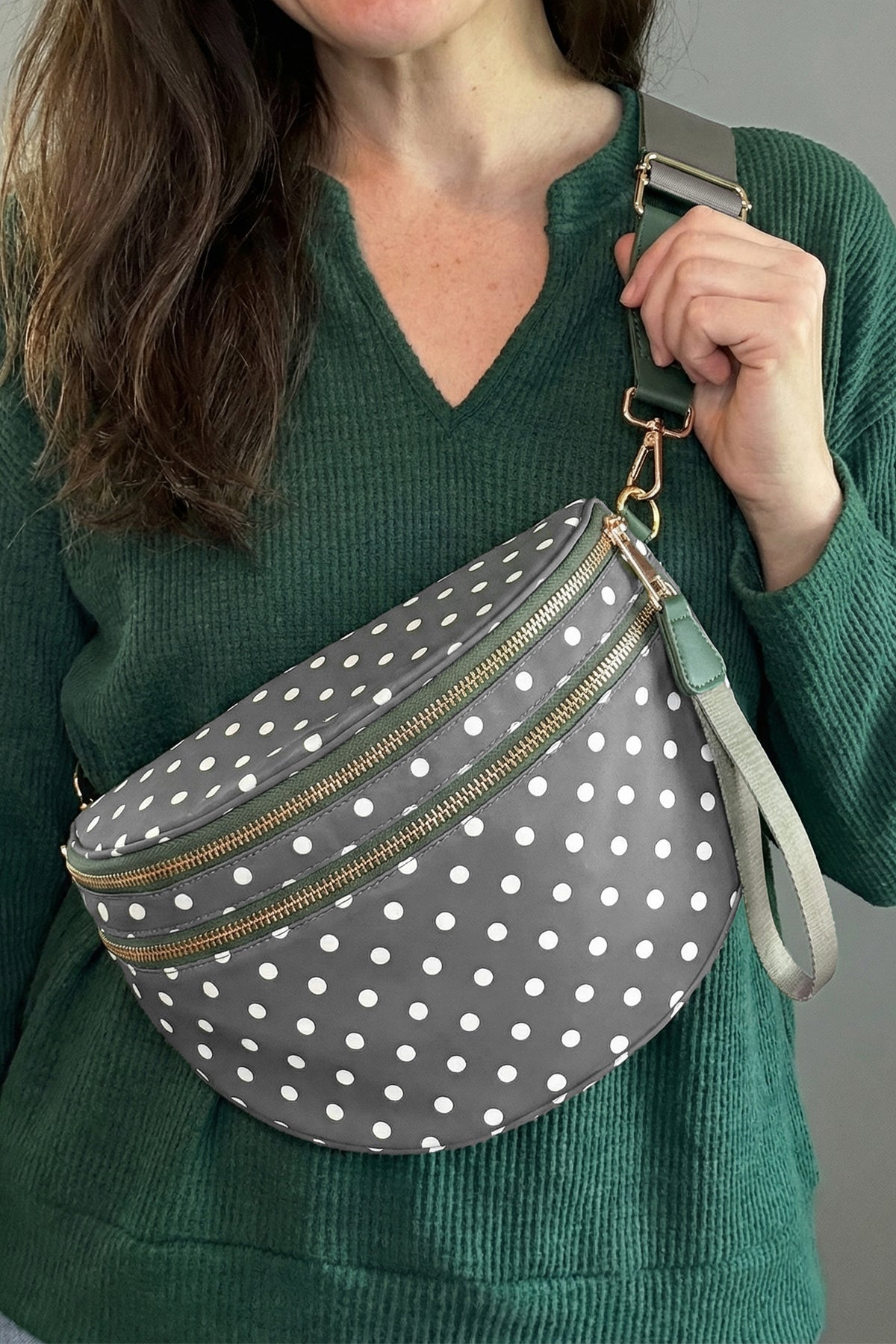 Beige Retro Polka Dot Print Double Zip Crossbody Bag