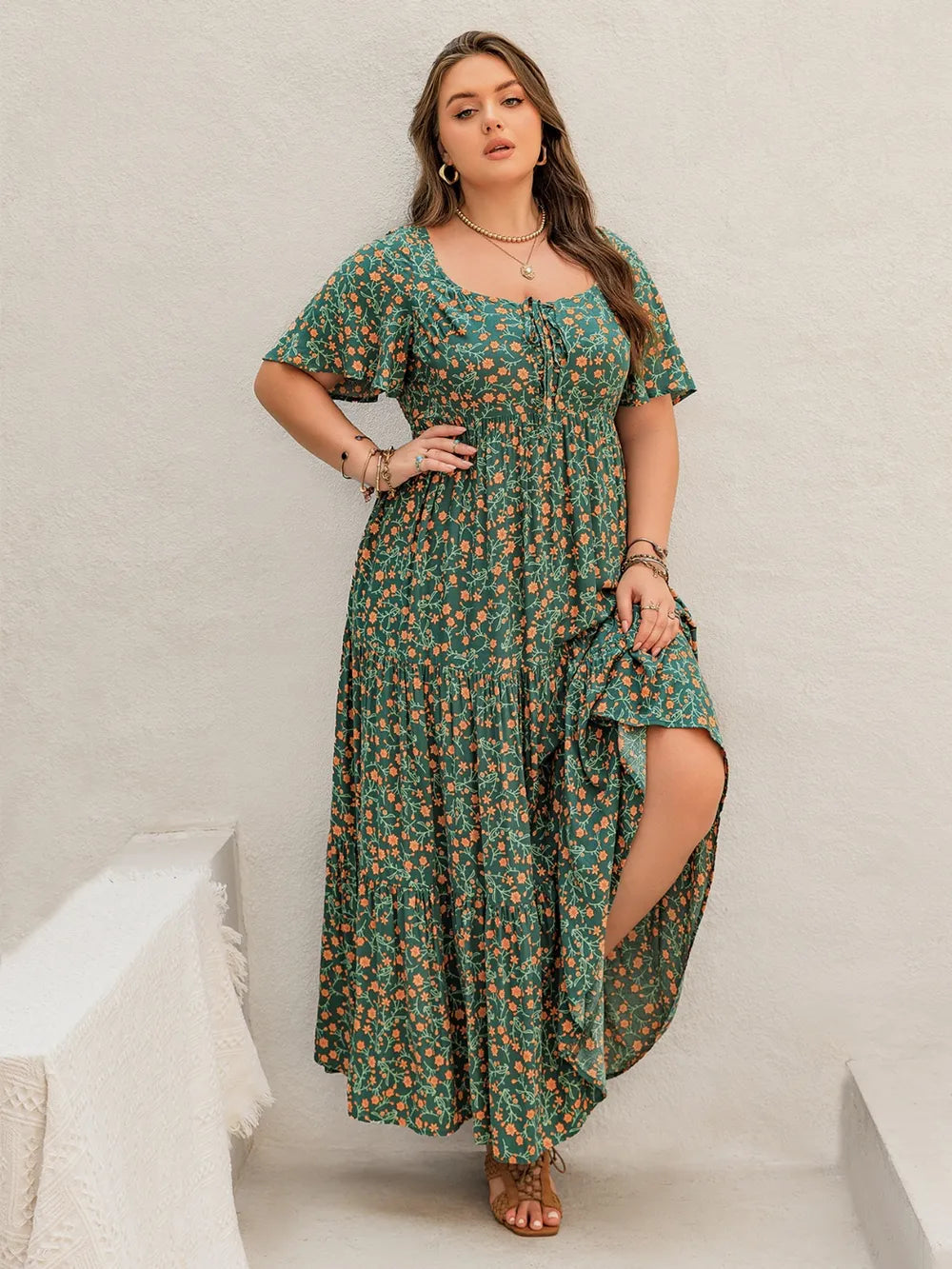 Boho Western Dark Green & Orange Floral Print Plus Size Maxi Dress 0XL-4XL