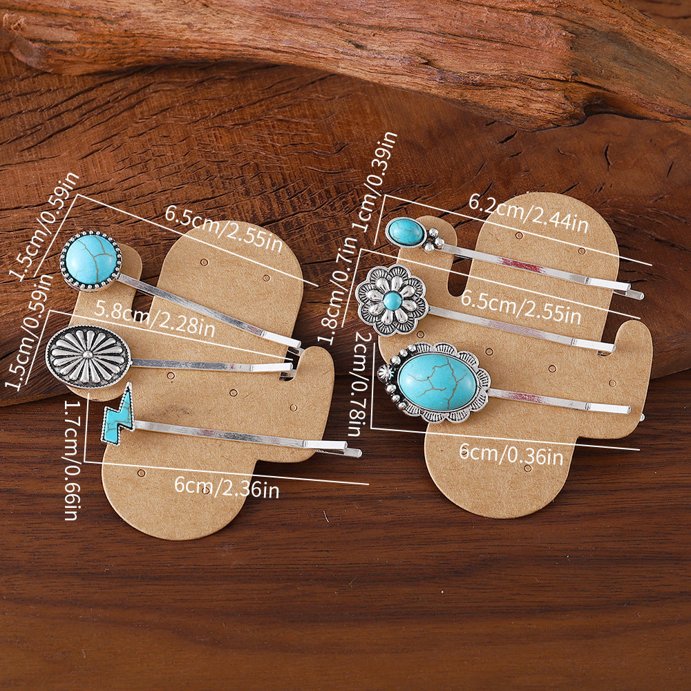 Boho Western Style Turquoise-Encrusted Silver Bobby Pin Hair Clip Set Ivory in 4 Styles