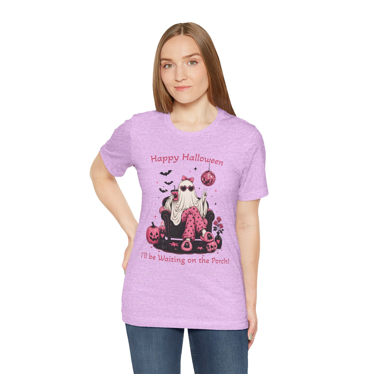 FUNNY Happy Halloween Ghost Tee “I’ll Be Waiting on the Porch” Pink Pumpkin Shirt S-3XL