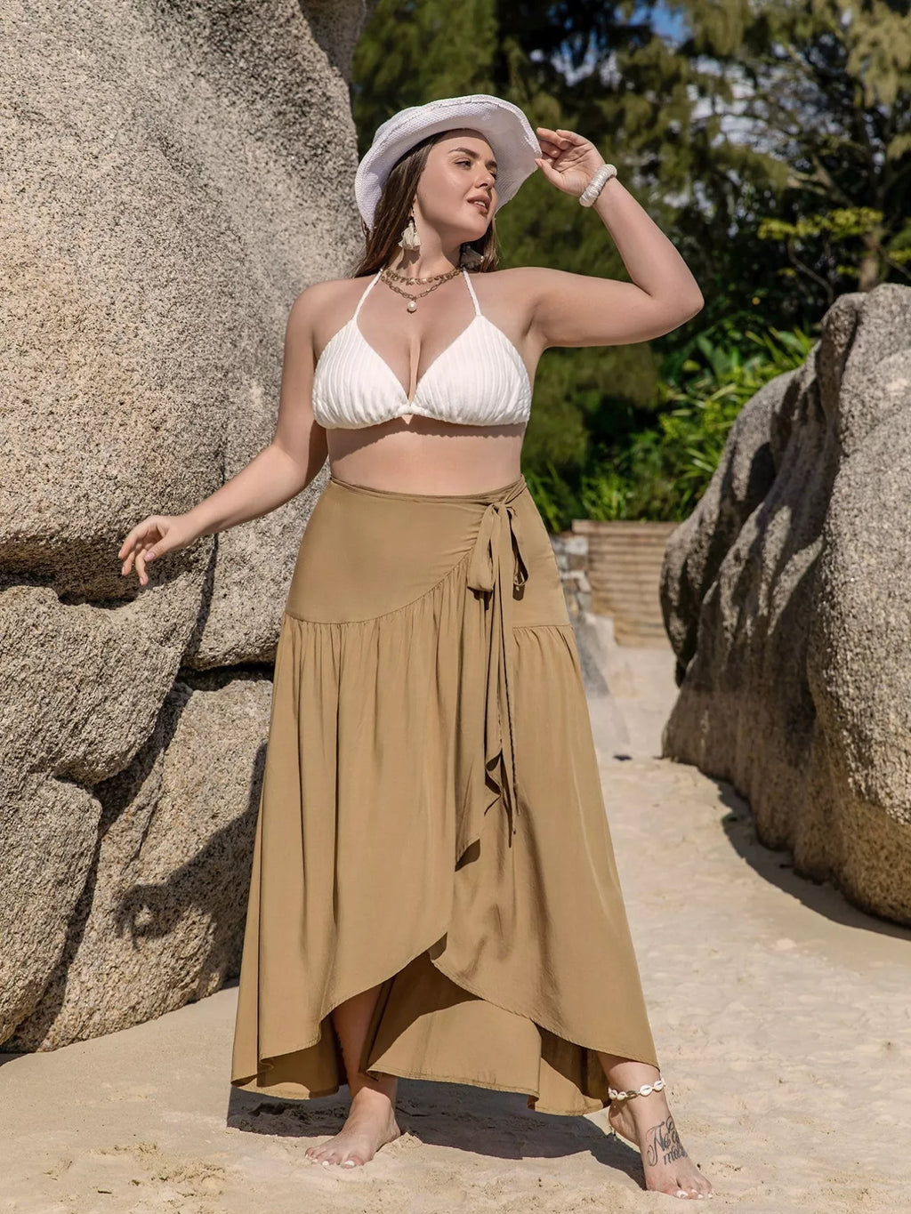 Boho Western Camel Khaki Tie-Detail High-Low Plus Size Skirt 0XL-3XL