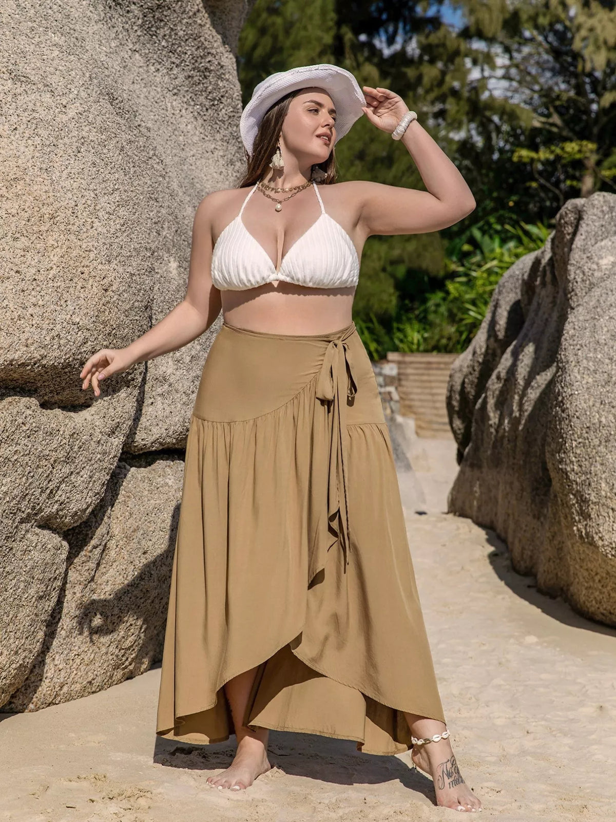 Boho Western Camel Khaki Tie-Detail High-Low Plus Size Skirt 0XL-3XL