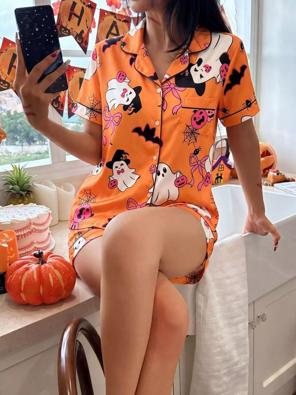 Halloween Ghost Print Button-Down Top and Shorts Lounge Pajama Set | S-XL | 3 Colors
