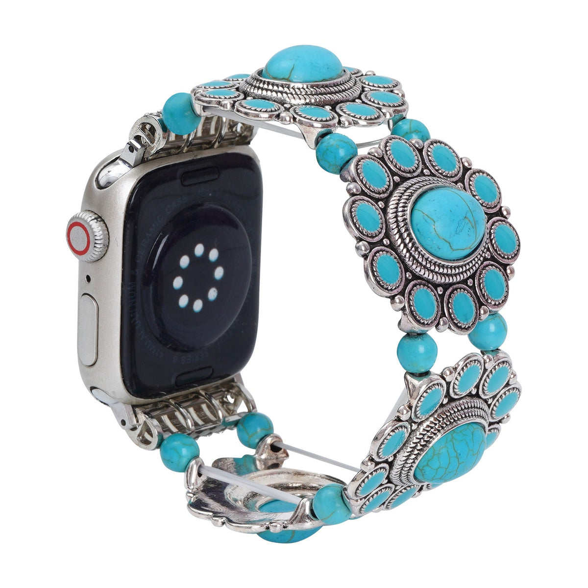 Boho Western Style Turquoise Silver Beaded Apple Watch Strap in 3 Sizes SS