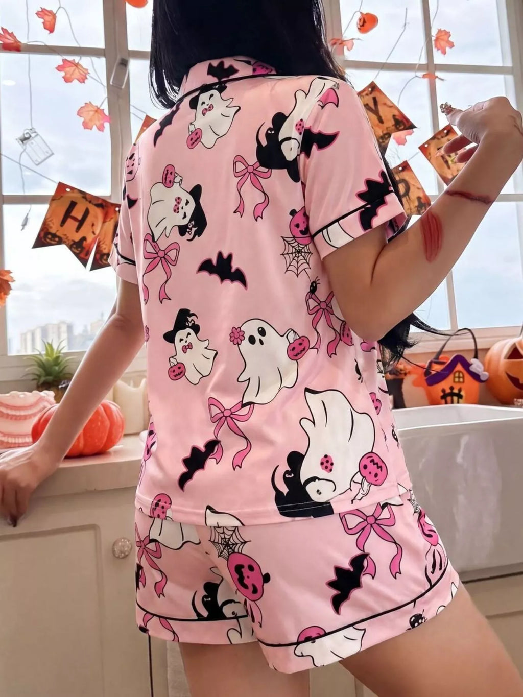 Halloween Ghost Print Button-Down Top and Shorts Lounge Pajama Set | S-XL | 3 Colors