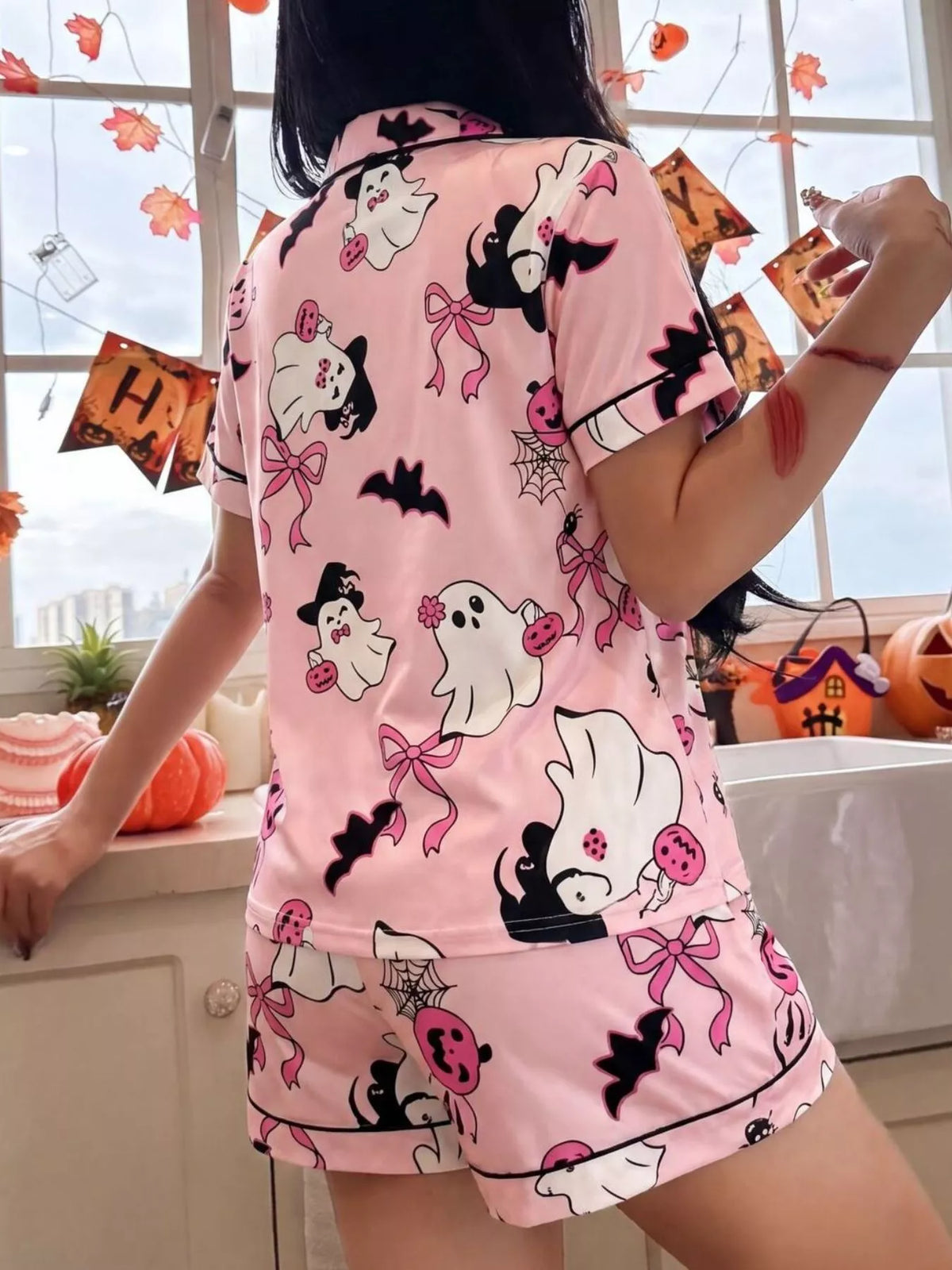 Halloween Ghost Print Button-Down Top and Shorts Lounge Pajama Set | S-XL | 3 Colors