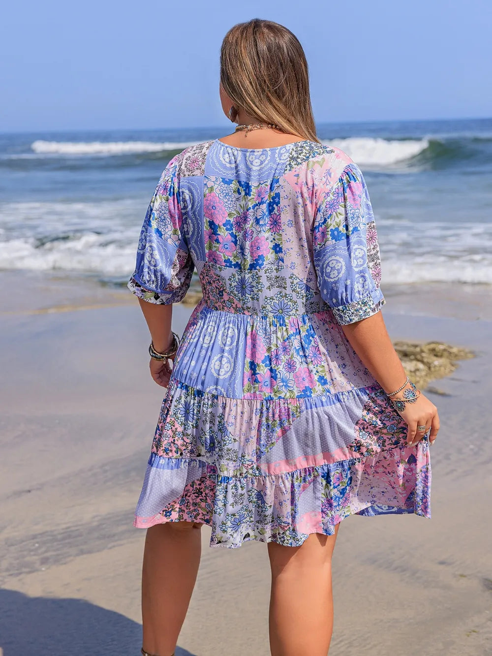 Boho Western Blue Pink Floral Print V-Neck Tiered Plus Size Mini Dress 0XL-4XL